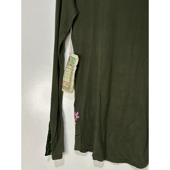Aratta Green Floral Long Sleeve Top Size Sm/Med NWOT Embroidery Velvet Accents - Picture 11 of 12